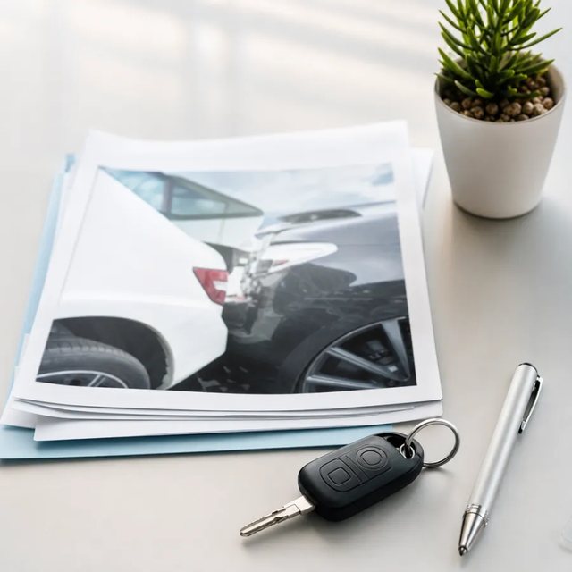Photographs of vehicle damage and car keys on a desk