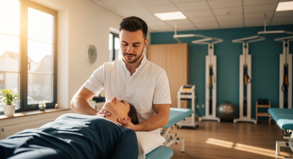 A physiotherapist treating a patient's neck in lying