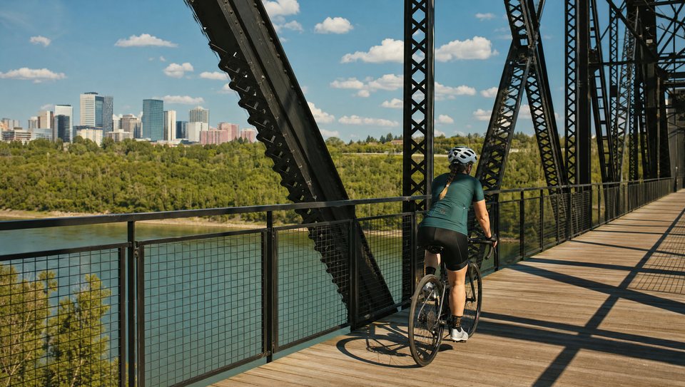 A cyclist crossing a bridge over the North Saskatchewan River