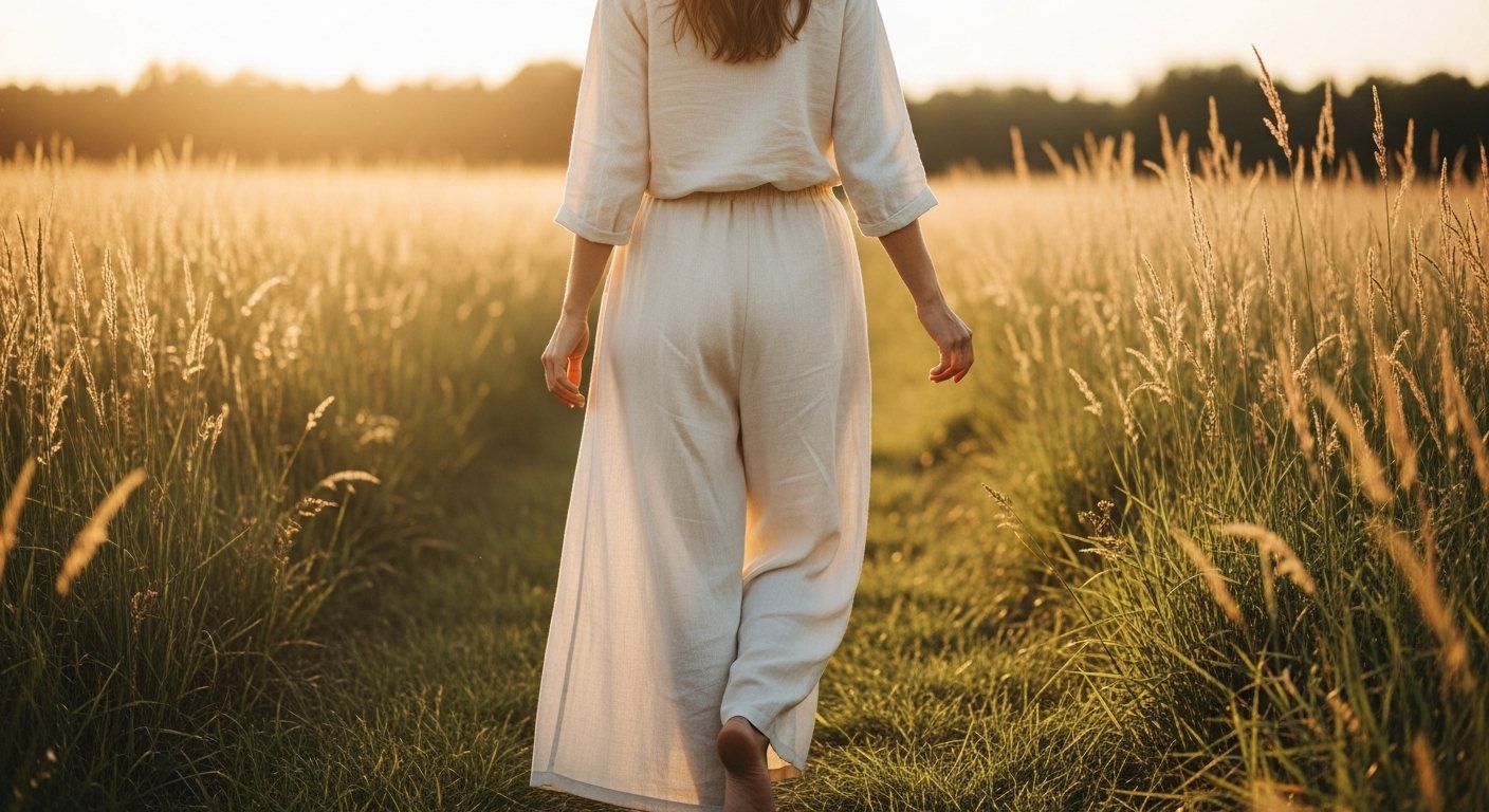 Walking freely through an open field at golden hour